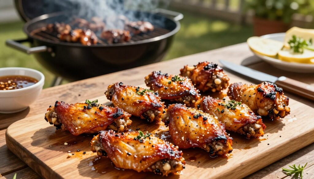 A beautifully arranged outdoor scene showcasing grilled chicken wings, expertly marinated for intense flavor. In the foreground, a close-up of succulent, caramelized chicken wings glistening with a savory glaze, revealing crispy skin with golden-brown char marks. Juicy herbs and spices are sprinkled atop, enhancing the visual appeal. The middle ground features a rustic wooden table adorned with grilling tools, fresh ingredients, and a bowl of marinade. In the background, a smoky barbecue grill emits gentle wisps of smoke under natural sunlight, casting warm, inviting shadows. The atmosphere conveys a sense of summer joy and culinary delight, perfect for a mouth-watering feast. Use a slightly elevated angle to capture the vibrancy and texture of the food, emphasizing its appetizing qualities.