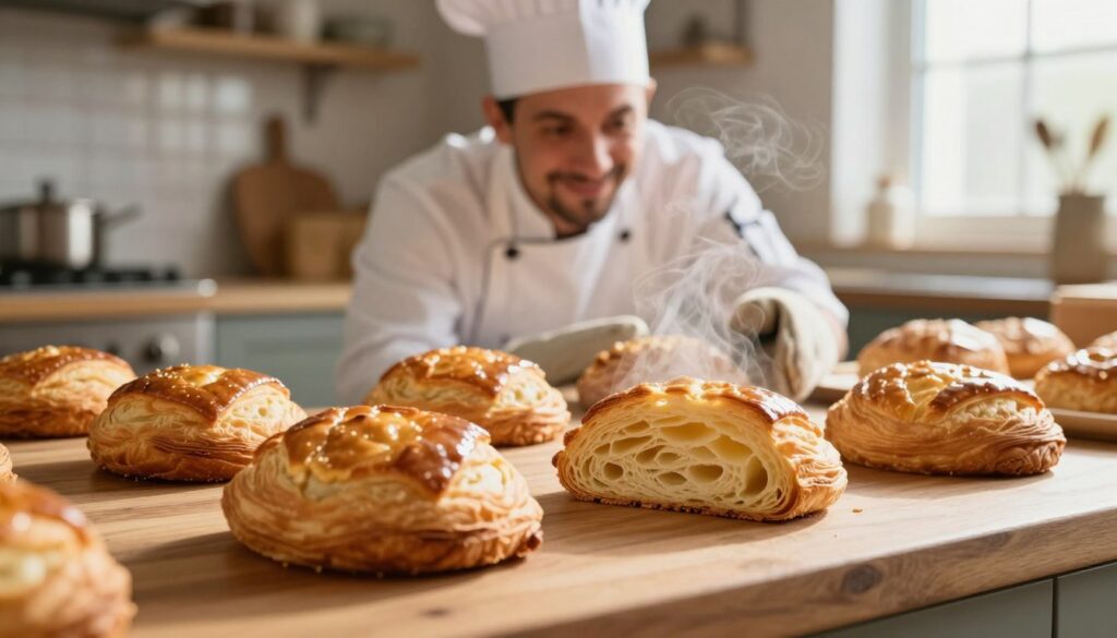A beautifully arranged pastry scene showcasing crisp, golden-brown puff pastry sheets on a wooden kitchen countertop. In the foreground, a freshly baked, flaky pastry is cut open to reveal its airy layers, with steam gently rising from it. In the middle, a professional baker, dressed in a white apron and chef's hat, watches over the pastry with a satisfied expression, holding an oven mitt. The background features a warm, inviting kitchen atmosphere, with soft light streaming in through a window, illuminating the texture of the pastry and the countertop. The overall mood is cozy and inviting, emphasizing the art of baking at the perfect temperature for achieving ideal crispness. A beautifully arranged pastry scene showcasing crisp, golden-brown puff pastry sheets on a wooden kitchen countertop. In the foreground, a freshly baked, flaky pastry is cut open to reveal its airy layers, with steam gently rising from it. In the middle, a professional baker, dressed in a white apron and chef's hat, watches over the pastry with a satisfied expression, holding an oven mitt. The background features a warm, inviting kitchen atmosphere, with soft light streaming in through a window, illuminating the texture of the pastry and the countertop. The overall mood is cozy and inviting, emphasizing the art of baking at the perfect temperature for achieving ideal crispness.