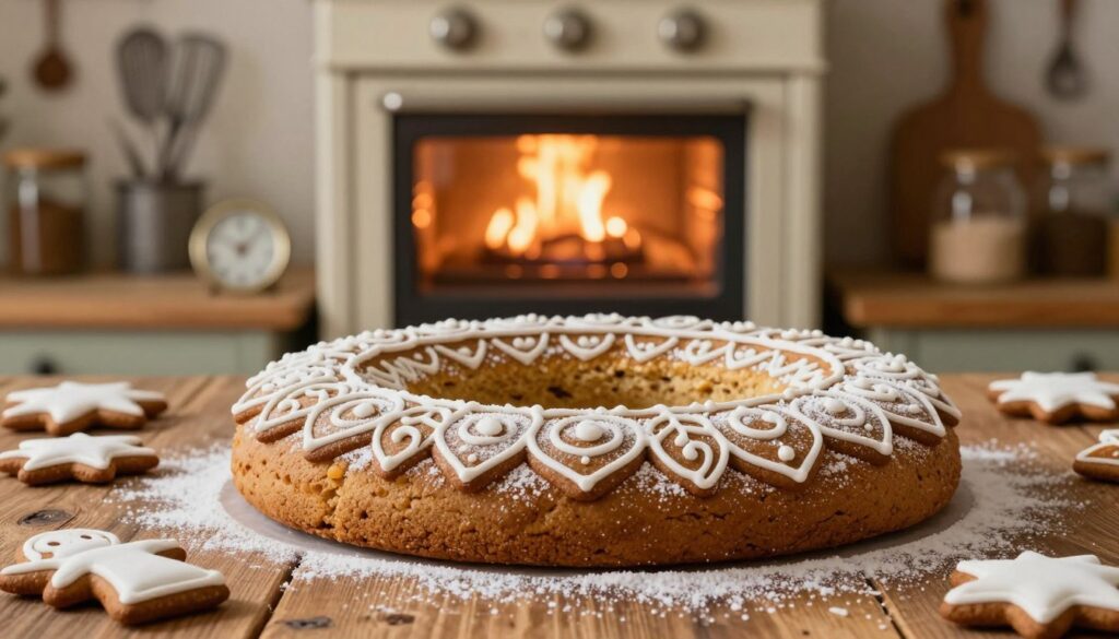 A beautifully arranged "piernik staropolski," a traditional Polish gingerbread, displayed prominently in the foreground on a rustic wooden table. The cake is adorned with intricate icing designs and dusted with powdered sugar, evoking an essence of warmth and nostalgia. In the middle, a warm oven gently glows, symbolizing the baking process, with a peek of a timer indicating baking duration. The background features quaint kitchen elements, like vintage baking tools and spice jars, softly blurred to enhance focus on the piernik. Soft, warm lighting highlights the textures of the gingerbread, creating a cozy, inviting atmosphere. The overall scene conveys an artisanal feel, perfect for illustrating baking tips and techniques. A beautifully arranged "piernik staropolski," a traditional Polish gingerbread, displayed prominently in the foreground on a rustic wooden table. The cake is adorned with intricate icing designs and dusted with powdered sugar, evoking an essence of warmth and nostalgia. In the middle, a warm oven gently glows, symbolizing the baking process, with a peek of a timer indicating baking duration. The background features quaint kitchen elements, like vintage baking tools and spice jars, softly blurred to enhance focus on the piernik. Soft, warm lighting highlights the textures of the gingerbread, creating a cozy, inviting atmosphere. The overall scene conveys an artisanal feel, perfect for illustrating baking tips and techniques.