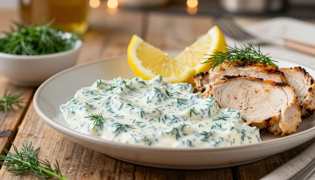 A beautifully arranged plate featuring a creamy dill sauce, or "sos koperkowy", in an elegant serving dish. The sauce is thick and glossy, with flecks of fresh green dill herbs visible throughout, evoking a sense of freshness. In the foreground, the dish is accompanied by tender slices of grilled chicken, garnished with lemon wedges and sprigs of dill for added color. The middle ground showcases a rustic wooden table, enhancing the homemade feel, with a small bowl of fresh dill beside the plate. The background is softly blurred, featuring warm, ambient kitchen lighting that creates a cozy, inviting atmosphere. The image should capture the essence of a comforting, flavorful culinary experience, with a close-up view that highlights texture and detail, shot at eye level with a soft focus effect.