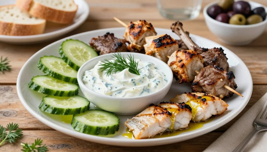 A beautifully arranged plate featuring a small bowl of creamy, thick tzatziki sauce, garnished with fresh dill and slices of cucumber. Surrounding the bowl are various grilled meats like succulent lamb chops and juicy chicken skewers, alongside lightly charred fish fillets, all drizzled with a hint of olive oil. The dish is elegantly presented on a rustic wooden table, with a soft, natural light illuminating the scene, enhancing the vibrant green of the herbs and the rich colors of the meats. In the background, delicate Greek-inspired elements such as fresh bread and ripe olives create a warm, inviting atmosphere reminiscent of a Mediterranean dining experience.