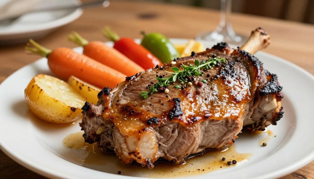 A beautifully arranged plate featuring a succulent roasted pork neck (karkówka pieczona) garnished with fresh herbs and spices. In the foreground, the perfectly cooked meat is golden-brown and glistening with a flavorful marinade, showcasing juicy tenderness. The middle ground displays an assortment of colorful vegetables, such as roasted potatoes, carrots, and bell peppers, artfully placed beside the meat. In the background, a rustic wooden dining table is set in warm, soft lighting that creates an inviting atmosphere. The scene captures a sense of warmth and comfort, suggesting a delicious home-cooked meal. Use a close-up angle to emphasize the textures and rich colors, evoking a feeling of indulgence.