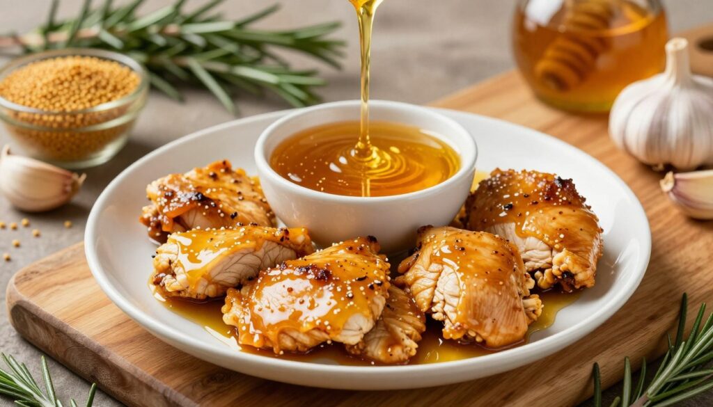 A beautifully arranged plate featuring a vibrant and glossy honey-mustard marinade in a small bowl, surrounded by marinated chicken fillets glistening under warm, natural light. The fillets are creatively positioned, showcasing the textural details of the marinade clinging to them. In the background, a rustic wooden cutting board and fresh ingredients such as mustard seeds, honey, garlic cloves, and sprigs of rosemary seamlessly blend into the scene, enhancing the earthy, natural atmosphere. Soft bokeh effects create a dreamy quality, emphasizing the dish as the focal point. Capture this angle from a slightly elevated perspective to highlight the colors and textures, instilling a sense of warmth and appetizing allure for viewers. A beautifully arranged plate featuring a vibrant and glossy honey-mustard marinade in a small bowl, surrounded by marinated chicken fillets glistening under warm, natural light. The fillets are creatively positioned, showcasing the textural details of the marinade clinging to them. In the background, a rustic wooden cutting board and fresh ingredients such as mustard seeds, honey, garlic cloves, and sprigs of rosemary seamlessly blend into the scene, enhancing the earthy, natural atmosphere. Soft bokeh effects create a dreamy quality, emphasizing the dish as the focal point. Capture this angle from a slightly elevated perspective to highlight the colors and textures, instilling a sense of warmth and appetizing allure for viewers.