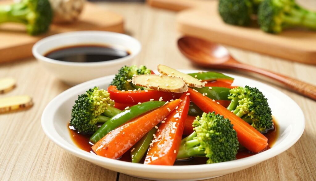 A beautifully arranged plate featuring assorted stir-fried vegetables glistening with a rich, dark soy sauce. In the foreground, colorful bell peppers, crisp broccoli, and vibrant carrots are tossed together, garnished with fresh ginger slices and sesame seeds. The middle ground showcases a small bowl of soy sauce with a wooden spoon resting beside it, reflecting ambient light. The background is softly blurred with warm, inviting kitchen elements, like a wooden cutting board and fresh herbs, hinting at a cozy cooking environment. The scene is illuminated by natural light, creating a warm and inviting atmosphere that emphasizes the vibrant colors of the vegetables. Captured at a slight angle to enhance depth, this image evokes an enticing culinary experience that highlights Oriental flavors.