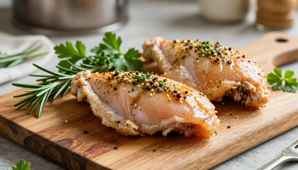 A beautifully arranged plate featuring freshly marinated chicken fillets, glistening with a flavorful blend of herbs and spices. In the foreground, the chicken breasts are tender and juicy, presented alongside vibrant green herbs like rosemary and parsley, accentuating the freshness. In the middle ground, a rustic wooden cutting board complements the organic feel of the dish. Soft, natural lighting bathes the scene, casting gentle shadows that enhance the textures of the chicken and herbs. The background consists of a blurred kitchen setting, hinting at a homely cooking environment. The atmosphere is warm and inviting, evoking a sense of comfort and culinary creativity. Suitable for illustrating the ideal marination process for chicken.