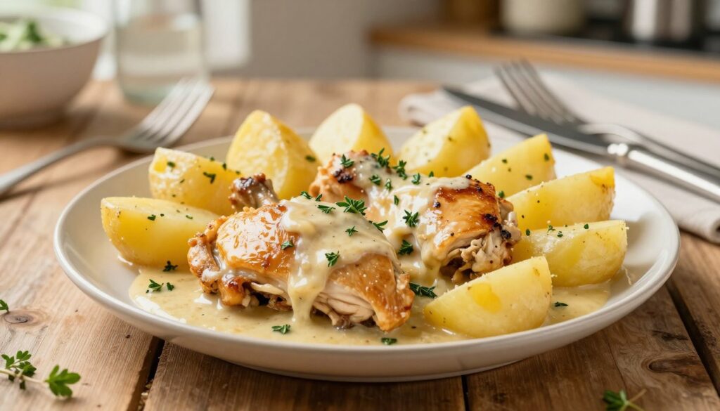 A beautifully arranged plate featuring juicy, golden-brown chicken pieces simmered in a rich, creamy sauce, surrounded by perfectly cooked, fluffy potatoes. In the foreground, the chicken glistens with a tantalizing sheen, and herbs like parsley and thyme are sprinkled for a touch of color. In the middle, the plate rests on a rustic wooden table, with a fork and knife elegantly placed beside it. The background softly blurs into a cozy kitchen environment with warm, natural light streaming in, enhancing the inviting atmosphere. The image should evoke a sense of homeliness and comfort, showcasing the appeal of a hearty homemade chicken sauce ideal for enhancing classic potato dishes. Use a soft, warm color palette to accentuate the meal’s deliciousness.