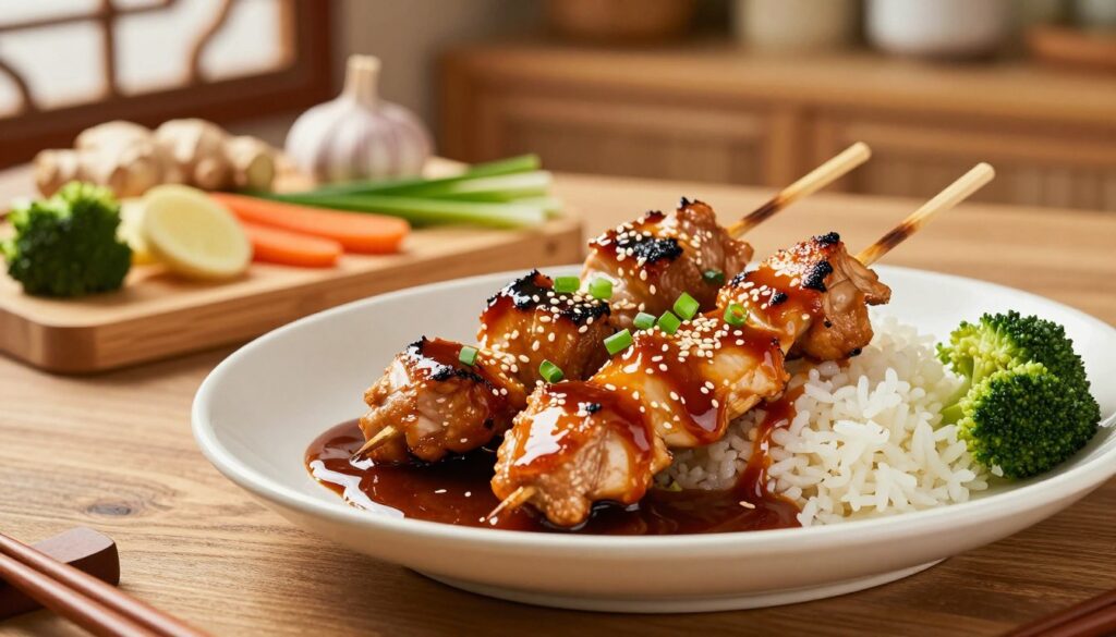 A beautifully arranged plate featuring sos teriyaki, showcasing its glossy, rich brown color. In the foreground, a small bowl filled with sos teriyaki drizzled artfully over grilled marinated chicken kebabs, garnished with sesame seeds and finely chopped green onions. On the side, a serving of steamed jasmine rice with vibrant broccoli and carrots. In the middle ground, a bamboo cutting board with fresh ingredients like ginger, garlic, and scallions, hinting at the cooking process. The background features a softly blurred Asian-inspired kitchen with wooden textures and warm lighting, creating an inviting atmosphere. The mood is cozy and culinary, highlighting the versatility of sos teriyaki in everyday cooking. The scene is captured with a slight top-down angle, enhancing the vibrant colors and textures.