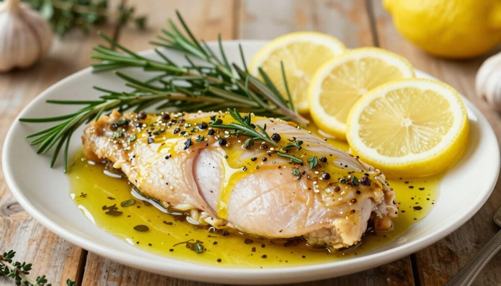 A beautifully arranged plate featuring the best turkey marinade recipe, showcasing fresh, vibrant ingredients. In the foreground, succulent turkey fillets marinated in a glossy, flavorful mix of olive oil, lemon juice, garlic, herbs, and spices. The marinade sparkles under soft, warm kitchen lighting, emphasizing its rich colors. In the middle, an array of ingredients including sprigs of rosemary, thyme, and slices of lemon surround the turkey, creating a visually appealing composition. In the background, a rustic wooden table complements the dish with a hint of greenery, evoking a cozy, home-cooked atmosphere. The scene is bright, inviting, and filled with a sense of freshness and culinary delight.