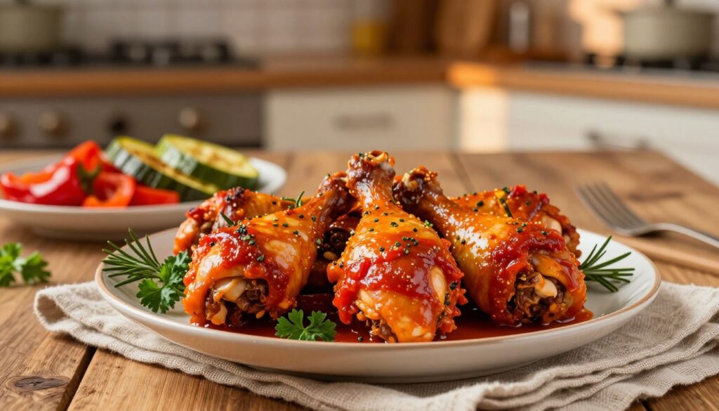 A beautifully arranged plate of chicken legs marinated in a vibrant sauce inspired by Magda Gessler's recipe. The chicken is glistening with rich colors of deep red and golden orange, surrounded by fresh herbs like rosemary and parsley for a fragrant touch. In the foreground, the plate is supported by a rustic wooden table, accented by a delicate linen napkin. In the middle ground, there are sides of roasted vegetables, showcasing bright bell peppers and zucchini, enhancing the presentation. The background features a softly blurred kitchen setting with warm, inviting lighting that casts gentle shadows, creating a cozy atmosphere. The overall mood is warm, enticing, and homely, emphasizing the delicious appeal of a unique homemade dinner.