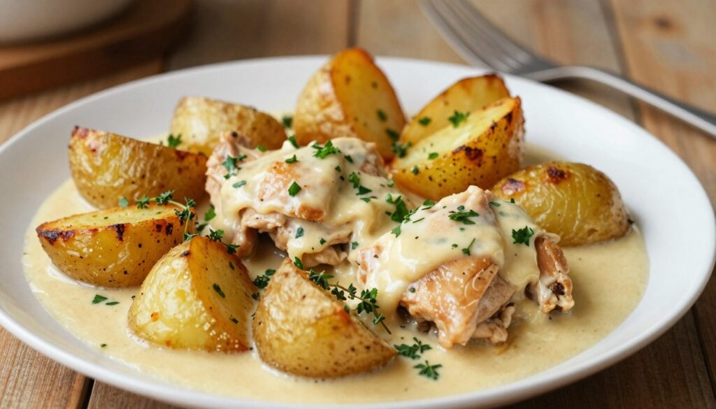A beautifully arranged plate of chicken sos with a rich, creamy texture generously drizzled over golden, roasted potatoes. In the foreground, focus on the vibrant colors of fresh herbs like parsley and thyme sprinkled on top. The middle layer features the main dish with chunks of tender chicken bathed in a glossy sauce, accompanied by crispy, golden-brown potatoes. The background includes a rustic wooden table setting, subtly blurred to emphasize the meal in the foreground. Soft, warm lighting enhances the inviting atmosphere, casting gentle shadows that suggest a cozy kitchen environment. The image should evoke a sense of warmth and comfort, perfect for showcasing the art of cooking and sauce preparation.