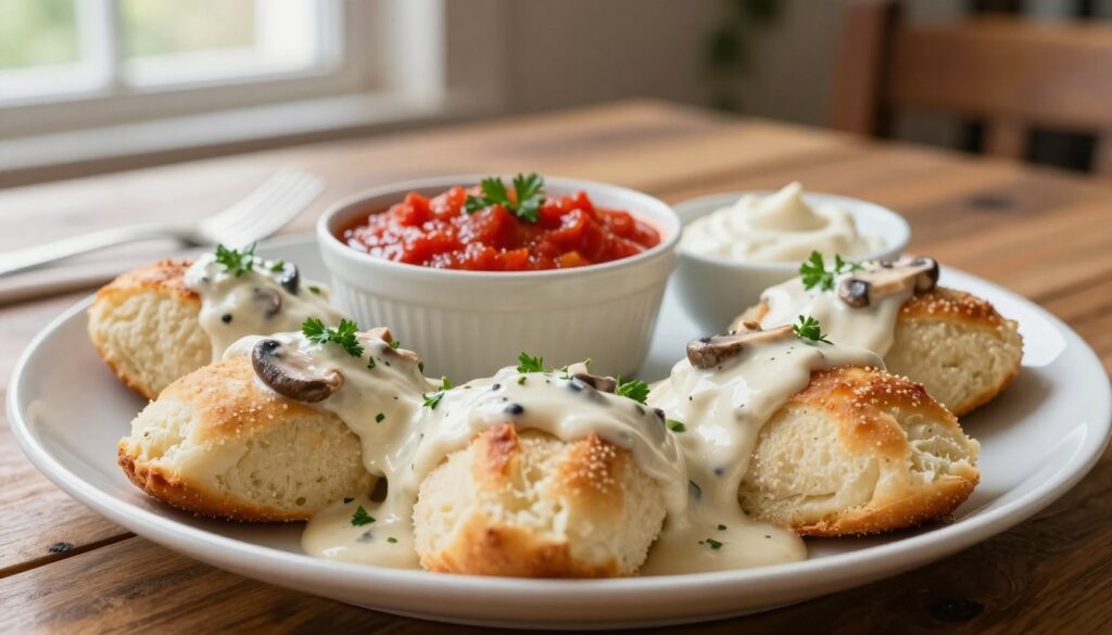 A beautifully arranged plate of classic Polish kopytka topped with a rich, creamy mushroom sauce, garnished with fresh parsley. In the foreground, the kopytka are prominently displayed, showcasing their soft, pillowy texture. In the middle, a bowl of vibrant red tomato sauce complements the dish, alongside a small dish of velvety cream sauce, enhancing the variety of traditional toppings. The background features a rustic wooden table setting, softly lit by warm, natural light filtering in from a nearby window, creating a cozy and inviting atmosphere. The scene is focused with a shallow depth of field, emphasizing the delicious details of the food while softly blurring the background for a comforting, homey feel.