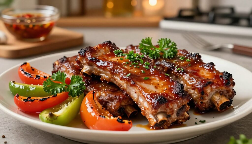 A beautifully arranged plate of glazed pork ribs, known as "żeberka," garnished with fresh herbs and a colorful array of vegetables such as grilled bell peppers and vibrant green parsley. The ribs are succulent and shiny, showcasing their rich marinade with a rich reddish-brown hue. In the foreground, focus on the details of the tender meat, capturing its juicy texture. The middle layer includes a wooden cutting board with a small bowl of marinade made from spices and garlic, indicating the key ingredients for a perfect marinade. In the background, a warm, softly lit kitchen setting creates a cozy atmosphere, with subtle reflections of light enhancing the overall savory appeal. The scene feels inviting and appetizing, ideal for food enthusiasts.