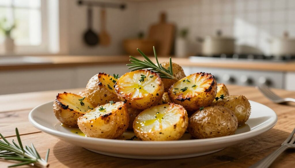 A beautifully arranged plate of golden-brown roasted potatoes, glistening with a light sheen of olive oil and sprinkled with fresh herbs like rosemary and thyme. The foreground features the crispy, textured potatoes, showcasing their perfectly charred skins and fluffy interiors. In the middle ground, a rustic wooden table adds warmth, while a cozy kitchen atmosphere is evident in the softly blurred background, revealing warm-toned walls and hanging kitchen utensils. Natural light streams in from a nearby window, casting gentle shadows and highlighting the potatoes' crispy edges. The mood is inviting and comforting, evoking the perfect setting for a home-cooked meal. A beautifully arranged plate of golden-brown roasted potatoes, glistening with a light sheen of olive oil and sprinkled with fresh herbs like rosemary and thyme. The foreground features the crispy, textured potatoes, showcasing their perfectly charred skins and fluffy interiors. In the middle ground, a rustic wooden table adds warmth, while a cozy kitchen atmosphere is evident in the softly blurred background, revealing warm-toned walls and hanging kitchen utensils. Natural light streams in from a nearby window, casting gentle shadows and highlighting the potatoes' crispy edges. The mood is inviting and comforting, evoking the perfect setting for a home-cooked meal.