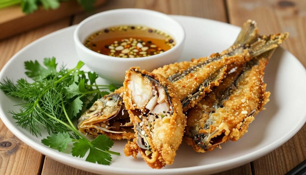 A beautifully arranged plate of marinated fried carp, showcasing its golden, crispy exterior and tender, flaky interior. In the foreground, vibrant herbs like dill and parsley are artfully scattered around the fish, enhancing its appeal. The middle ground features a small bowl of rich, aromatic marinade, with visible spices like garlic and peppercorns, capturing the essence of flavor. The background shows a rustic wooden table setting, adding warmth to the scene. Soft, natural lighting illuminates the dish, highlighting the textures and colors of the food. The mood is inviting and appetizing, suggesting comfort and culinary delight. The angle is slightly elevated, giving a clear view of the presented dish without any text or distractions.