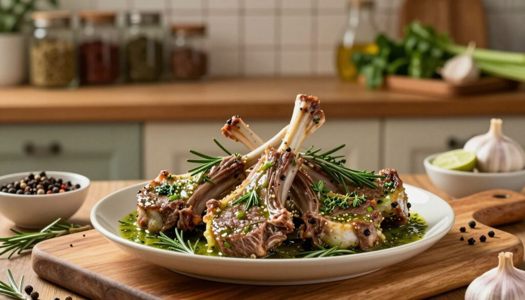 A beautifully arranged plate of marinated lamb, showcasing succulent pieces of lamb chops steeped in a vibrant green marinade filled with a harmonious blend of fresh herbs and spices such as rosemary, thyme, and garlic. The foreground features the lamb glistening with a rich glaze, resting on a wooden cutting board. Surrounding the meat are small bowls of herbs and whole spices, adding pops of color and texture. In the middle, a blurred view of a rustic kitchen with wooden shelves filled with various spice jars and fresh ingredients. The lighting is warm and inviting, casting a soft glow that highlights the freshness of the ingredients. The overall mood is cozy and homey, perfect for a culinary article, emphasizing the artistry of marinating lamb.