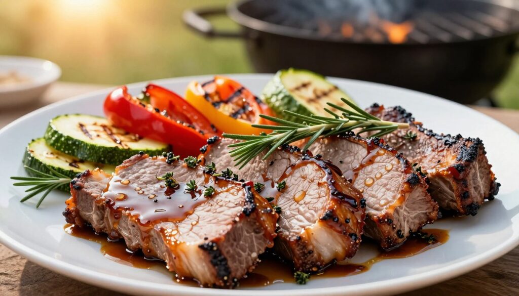 A beautifully arranged plate of "marynata karkówki" featuring marinated pork neck slices, glistening with a rich, deep brown glaze. The foreground showcases the succulent meat garnished with fresh herbs like rosemary and thyme, droplets of marinade visible for an appetizing look. In the middle, complementing sides of grilled vegetables, such as vibrant bell peppers and zucchini, are artistically placed around the pork, adding color and texture. The background features a softly blurred outdoor grill setting, with warm, golden sunlight filtering through, creating a cozy, inviting atmosphere. The overall mood evokes a sense of culinary delight and summer gatherings, with the focus on the mouthwatering marinated pork as the centerpiece. The image captures the essence of grilling perfection, showcasing the meat's tenderness and savory appeal in a natural, appetizing presentation.