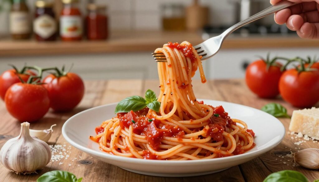 A beautifully arranged plate of pasta adorned with a rich, vibrant tomato sauce, glistening with fresh basil leaves. In the foreground, a fork is elegantly twirling the spaghetti, showcasing the perfect combination of pasta and sauce in action. The middle ground features a rustic wooden table scattered with ingredients like ripe tomatoes, fragrant garlic, and a sprinkle of Parmesan cheese. In the background, a softly lit kitchen scene with shelves filled with jars of various Italian sauces hints at culinary inspiration. The lighting is warm and inviting, creating a cozy atmosphere. Capture this scene from a slightly overhead angle to emphasize the textures and colors of the dish, evoking a sense of comfort and gastronomic delight.