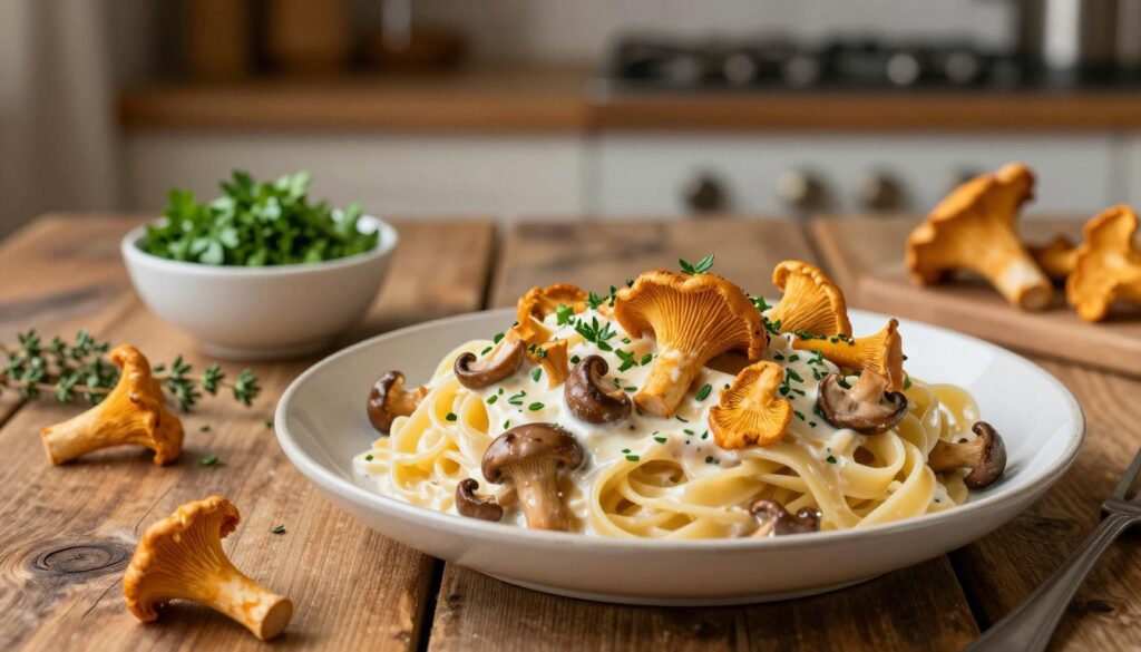 A beautifully arranged plate of pasta topped with a rich and creamy sauce made from vibrant golden chanterelle mushrooms, garnished with fresh herbs. The foreground features the pasta glistening with the sauce, while the mushrooms are artfully scattered on top. In the middle ground, a rustic wooden table provides a natural, earthy feel, complemented by a small bowl of freshly chopped parsley and a sprig of thyme. The background shows soft-focus elements of a cozy kitchen setting with warm, ambient lighting, enhancing the inviting atmosphere. The image captures the essence of a seasonal dish, evoking a sense of comfort and the aroma of the forest. The composition emphasizes warmth and richness, highlighting the beauty of seasonal ingredients.