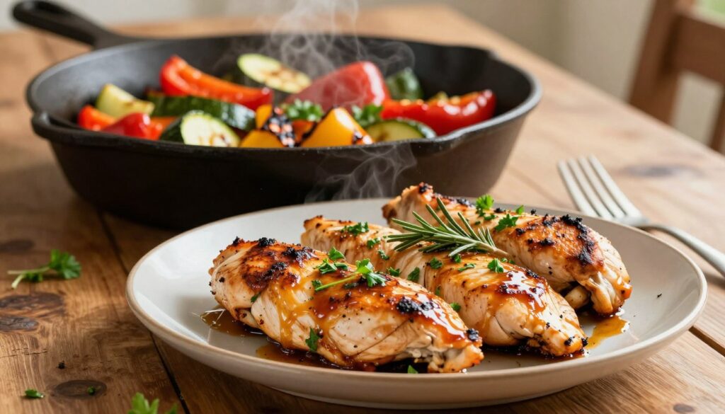 A beautifully arranged plate of sautéed chicken breasts, glistening with a vibrant marinated glaze, sits prominently in the foreground. The chicken is golden brown with crisp edges, garnished with fresh herbs like parsley and rosemary. In the middle ground, a cast iron skillet filled with a colorful array of vibrant vegetables such as bell peppers and zucchini, lightly charred and glistening. The background features a rustic wooden kitchen table, bathed in warm, natural lighting that creates an inviting atmosphere. Soft shadows add depth, while a hint of steam rises from the skillet, emphasizing freshness and flavor. The scene conveys a sense of comfort and home-cooked goodness, perfect for a quick yet delicious meal. A beautifully arranged plate of sautéed chicken breasts, glistening with a vibrant marinated glaze, sits prominently in the foreground. The chicken is golden brown with crisp edges, garnished with fresh herbs like parsley and rosemary. In the middle ground, a cast iron skillet filled with a colorful array of vibrant vegetables such as bell peppers and zucchini, lightly charred and glistening. The background features a rustic wooden kitchen table, bathed in warm, natural lighting that creates an inviting atmosphere. Soft shadows add depth, while a hint of steam rises from the skillet, emphasizing freshness and flavor. The scene conveys a sense of comfort and home-cooked goodness, perfect for a quick yet delicious meal.