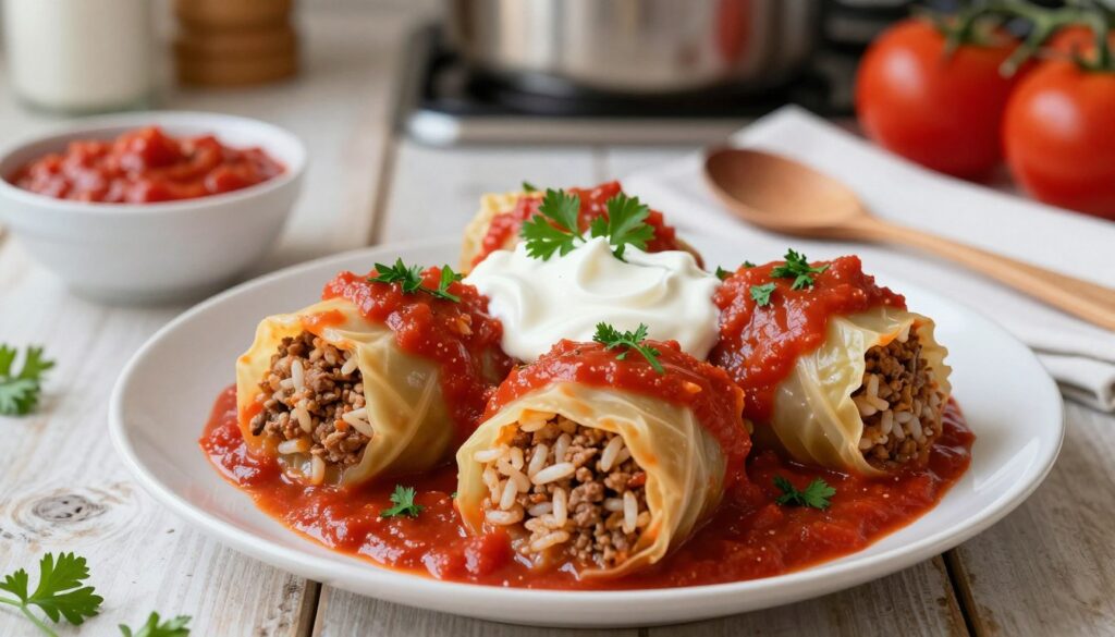 A beautifully arranged plate of stuffed cabbage rolls (gołąbki) drizzled with a rich, creamy tomato sauce adorned with fresh herbs. In the foreground, the vibrant red sauce glistens from a generous dollop of sour cream, contrasting with the green parsley sprinkled on top. The filling of the gołąbki is visible, revealing ground meat and rice. In the middle ground, a soft-focus view of a rustic table setting with a small bowl of additional tomato sauce and a wooden spoon rests beside a crisp white napkin. The background features subtle kitchen elements, such as a pot simmering on the stove and fresh tomatoes. The overall atmosphere is warm and inviting, with soft, natural light illuminating the scene, creating a cozy home-cooked meal vibe.