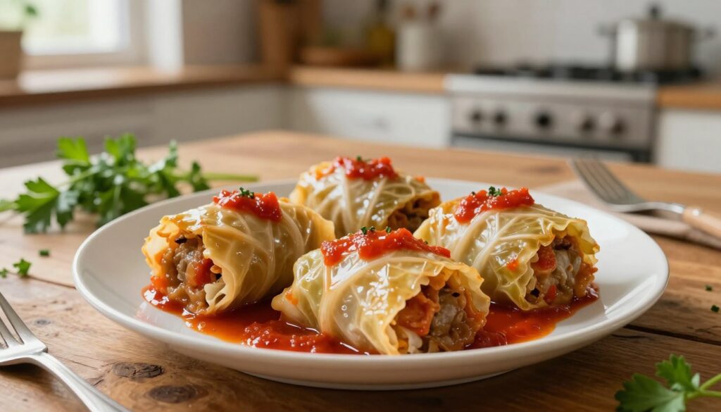 A beautifully arranged plate of stuffed cabbage rolls, known as gołąbki, displayed prominently in the foreground. The gołąbki are tender, with glistening cabbage leaves and a flavorful filling peeking out. Juices are visible, highlighting the dish's succulence. Surrounding the gołąbki, a light drizzle of tomato sauce enhances the vibrant colors. In the middle ground, a rustic wooden table is set, with a few herbs like parsley sprinkled around for garnish. The background features a softly lit kitchen setting, emphasizing warmth and culinary expertise. Natural light filters in from a nearby window, creating a cozy atmosphere. The image should evoke feelings of comfort and inviting home-cooked meals, showcasing the lusciousness and care that go into making this traditional dish. A beautifully arranged plate of stuffed cabbage rolls, known as gołąbki, displayed prominently in the foreground. The gołąbki are tender, with glistening cabbage leaves and a flavorful filling peeking out. Juices are visible, highlighting the dish's succulence. Surrounding the gołąbki, a light drizzle of tomato sauce enhances the vibrant colors. In the middle ground, a rustic wooden table is set, with a few herbs like parsley sprinkled around for garnish. The background features a softly lit kitchen setting, emphasizing warmth and culinary expertise. Natural light filters in from a nearby window, creating a cozy atmosphere. The image should evoke feelings of comfort and inviting home-cooked meals, showcasing the lusciousness and care that go into making this traditional dish.
