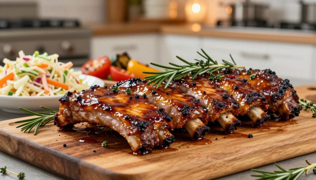 A beautifully arranged plate of succulent grilled pork ribs (żeberka wieprzowe), glistening with a rich, caramelized marinade that showcases deep hues of brown and hints of red. In the foreground, the ribs are presented on a rustic wooden cutting board, garnished with fresh herbs like rosemary and thyme. The middle ground features a vibrant selection of colorful side dishes, such as tangy coleslaw and grilled vegetables. The background captures a softly lit kitchen environment with warm lighting that creates an inviting and homey atmosphere. A shallow depth of field draws focus to the delicious ribs, emphasizing their juicy texture and the mouthwatering glaze. This image conveys a sense of comfort and culinary expertise, perfect for showcasing the importance of a good marinade.