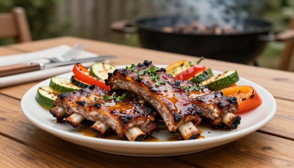 A beautifully arranged plate of succulent pork ribs, garnished with fresh herbs and a rich, glossy marinade glistening under warm, soft lights. The foreground showcases the ribs, perfectly caramelized with a slight char, revealing tender meat ready to fall off the bone. Surrounding the ribs are vibrant sides of grilled vegetables, like zucchini and bell peppers, adding splashes of color. In the middle ground, an elegant wooden table rests, with rustic utensils set beside the plate, hinting at a homey, inviting atmosphere. The background features a softly blurred outdoor grill, with hints of smoke rising, suggesting the aroma of grilling ribs. Capture this scene with a warm, inviting color palette and natural lighting that enhances the food's texture, evoking a sense of delicious anticipation. A beautifully arranged plate of succulent pork ribs, garnished with fresh herbs and a rich, glossy marinade glistening under warm, soft lights. The foreground showcases the ribs, perfectly caramelized with a slight char, revealing tender meat ready to fall off the bone. Surrounding the ribs are vibrant sides of grilled vegetables, like zucchini and bell peppers, adding splashes of color. In the middle ground, an elegant wooden table rests, with rustic utensils set beside the plate, hinting at a homey, inviting atmosphere. The background features a softly blurred outdoor grill, with hints of smoke rising, suggesting the aroma of grilling ribs. Capture this scene with a warm, inviting color palette and natural lighting that enhances the food's texture, evoking a sense of delicious anticipation.