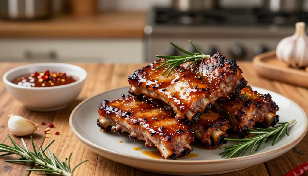 A beautifully arranged plate of succulent pork ribs, glistening with a rich, flavorful marinade. In the foreground, the ribs are artfully stacked, showcasing their caramelized exterior, with fresh herbs like rosemary and thyme scattered around for a touch of freshness. In the middle ground, a rustic wooden table adds warmth, adorned with key ingredients like garlic cloves, red chili flakes, and a small bowl of barbecue sauce, hinting at the marinade's vibrant flavors. The background features a softly blurred kitchen setting, with warm lighting that creates an inviting atmosphere. The image captures the essence of home-cooked comfort, emphasizing the delicious appeal of the ribs, inviting viewers to imagine the enticing aroma.