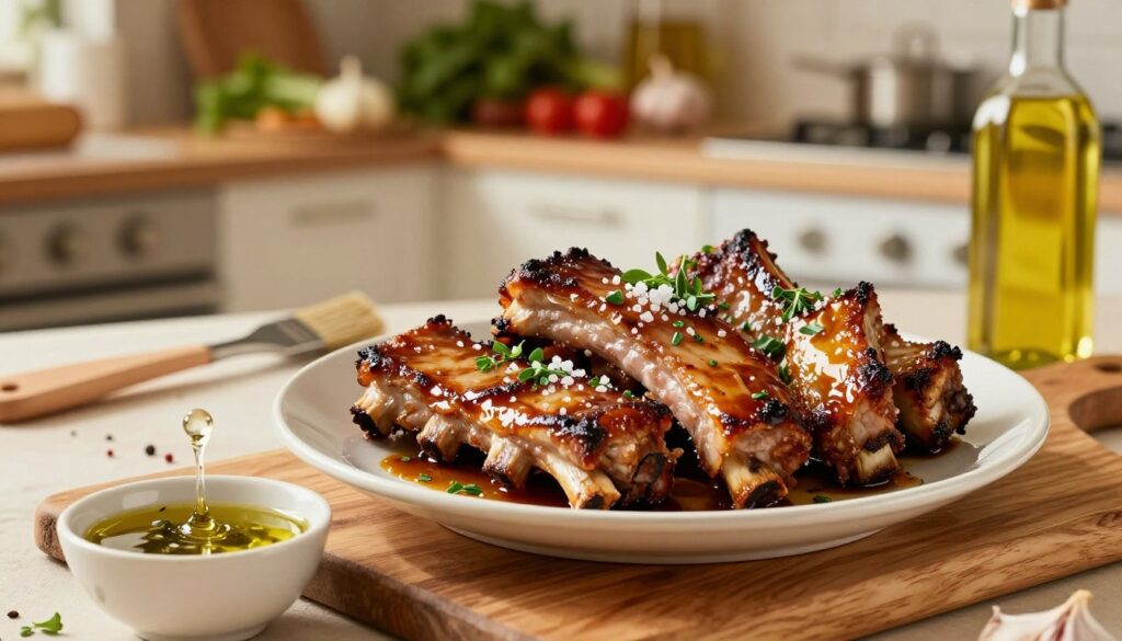 A beautifully arranged plate of succulent "żeberka" (pork ribs), glistening with a rich, savory marinade. The ribs are garnished with fresh herbs and a sprinkle of coarse sea salt, showcasing their appealing caramelization. In the foreground, a rustic wooden cutting board holds a small bowl with a flowing, aromatic marinade infused with garlic, herbs, and spices, hinting at the preparation process. The middle ground features a softly lit kitchen setting, with an elegant array of cooking utensils, such as a basting brush and a bottle of olive oil. In the background, blurred kitchen shelves filled with fresh ingredients create a warm, inviting atmosphere. The soft, golden light enhances the mouthwatering appearance of the dish, evoking a sense of comfort and homemade goodness. The camera angle is slightly overhead, capturing both the ribs and the beautiful setup.