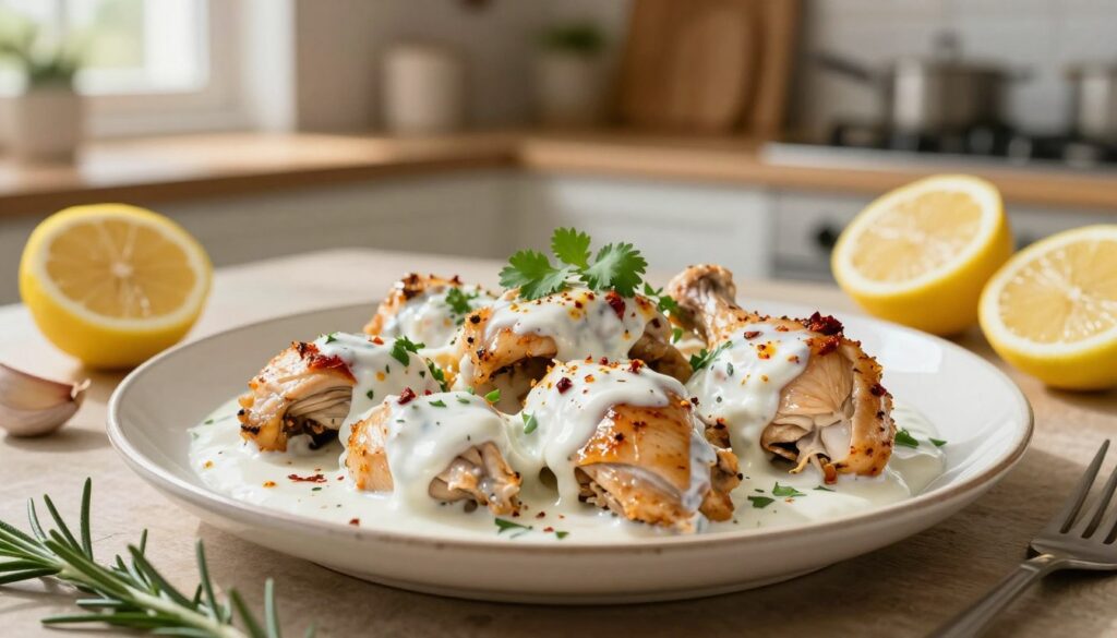 A beautifully arranged plate of yogurt-marinated chicken awaits in a warm kitchen setting. In the foreground, succulent chicken pieces are glistening with a creamy, thick yogurt marinade, accented with spices like paprika and herbs like cilantro, showcasing a tantalizing mix of colors and textures. In the middle, the plate is surrounded by fresh ingredients such as sliced lemons, garlic cloves, and sprigs of rosemary, enhancing the vibrant atmosphere. In the background, a softly blurred kitchen countertop adds a homely feel, adorned with cooking utensils and a hint of rustic wooden cabinetry. Natural light pours in from a nearby window, casting gentle shadows and illuminating the dish, creating a warm and inviting mood perfect for a culinary article.