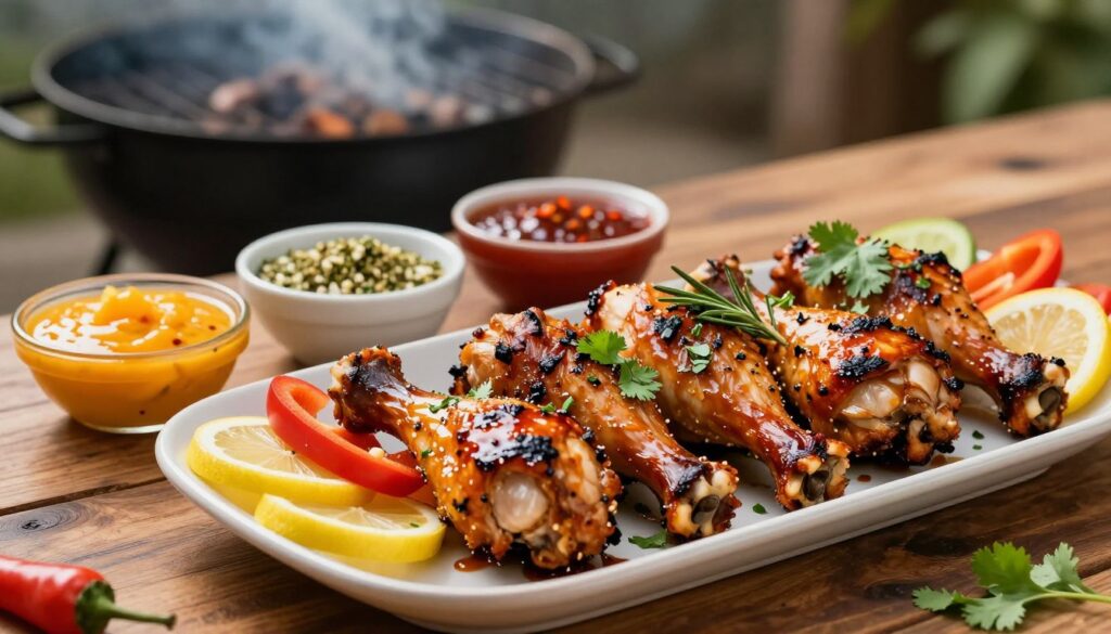 A beautifully arranged platter of grilled chicken drumsticks marinated with alternative flavors, showcasing creative and appetizing combinations. In the foreground, several juicy drumsticks glisten with a rich, deep glaze, adorned with vibrant herbs like cilantro and rosemary, alongside slices of lemon and colorful bell peppers. In the middle ground, a rustic wooden table adds warmth, while small bowls of marinades—spicy mango sauce, garlic and herb blend, and sweet chili glaze—are artistically placed, emphasizing the theme of flavor exploration. The background features a softly blurred barbecue grill shrouded in smoke, creating a cozy outdoor cooking atmosphere. Use warm, natural lighting to enhance the inviting mood, with a shallow focus lens that draws attention to the succulent chicken. This scene should evoke a sense of culinary adventure and inspire creativity in cooking.