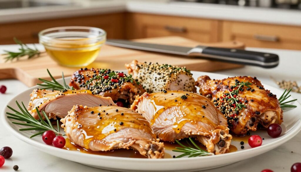 A beautifully arranged platter of marinated turkey fillets showcasing a variety of flavors. In the foreground, succulent pieces of turkey are glistening with a rich, golden glaze. Scattered around are vibrant herbs and spices, including rosemary, thyme, and cranberries, highlighting different flavor profiles. The middle ground features a cutting board with a chef's knife and a small bowl of marinade, inviting viewers into the culinary process. The background is softly blurred, depicting a warm kitchen environment with wooden cabinets and gentle overhead lighting to create an inviting atmosphere. The scene is bright and colorful, evoking a sense of freshness and creativity in cooking.