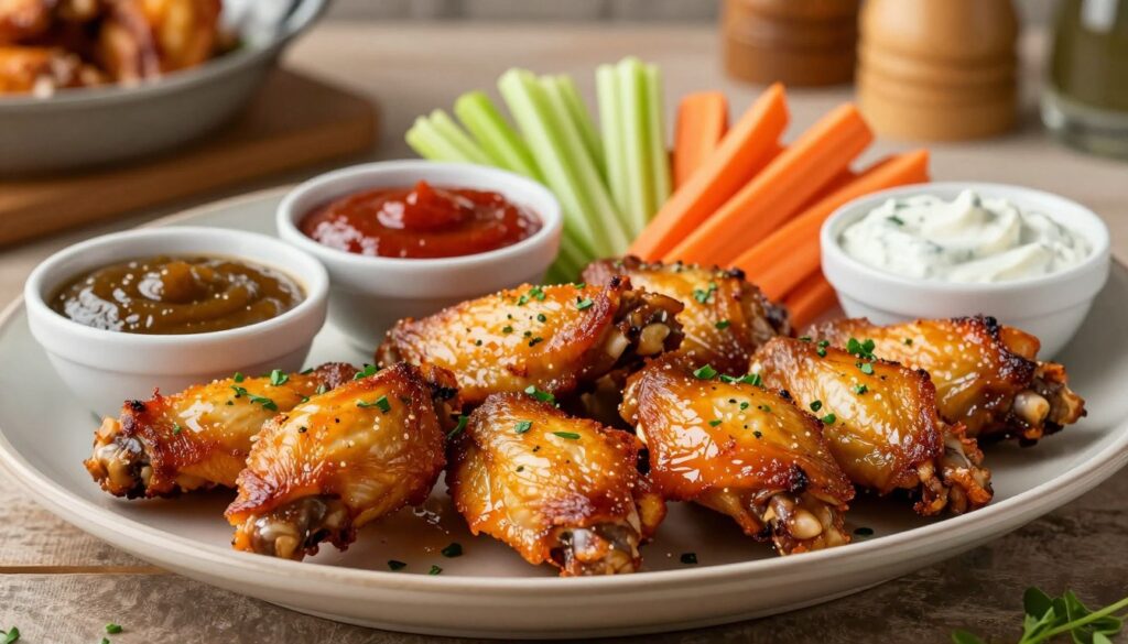 A beautifully arranged platter of oven-baked chicken wings, known as "skrzydełka," garnished with vibrant herbs and accompanied by an array of colorful dipping sauces. In the foreground, the wings are glistening with a golden-brown marinade, displaying crispy, mouth-watering skin. The middle ground features small bowls of sauces like tangy barbecue, spicy buffalo, and a creamy ranch, artistically placed alongside fresh celery and carrot sticks for contrast. In the background, a rustic kitchen setting with warm, soft lighting creates an inviting atmosphere, enhancing the appetizing scene. The image should be captured from a slightly elevated angle to showcase the complete presentation, with a focus on detail and texture, evoking a cozy, homely feel perfect for a gathering.