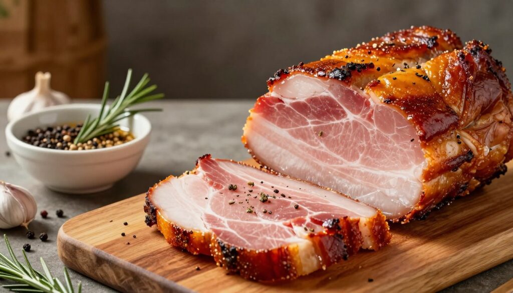 A beautifully arranged platter of smoked pork ham, showcasing its rich, glistening layers of meat with a perfectly crispy, golden-brown exterior. In the foreground, the focus is on the ham, sliced to reveal succulent, tender pink slices adorned with herbs and spices. The middle ground features a wooden cutting board with a small bowl of marinade ingredients, such as garlic, black pepper, and rosemary, creating an inviting atmosphere of preparation. The background is softly blurred, hinting at a rustic kitchen with warm, ambient lighting that adds a cozy feel to the scene. The overall composition evokes a sense of tradition and care in food preparation, perfect for illustrating techniques to prepare meat for baking or smoking.