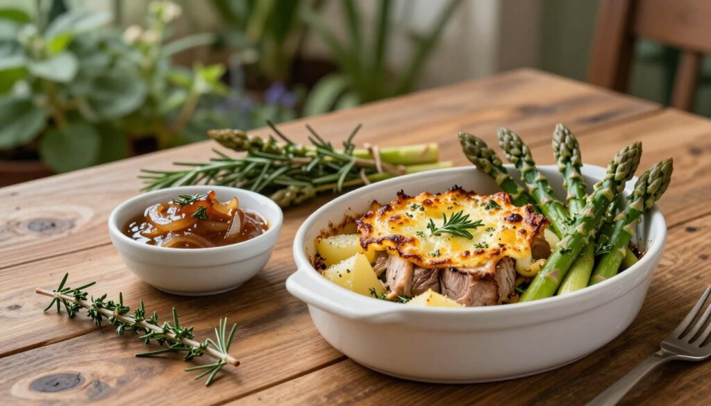 A beautifully arranged platter showcasing elegant side dishes that perfectly complement rabbit meat. In the foreground, a stylish white serving dish holds a rich, herb-infused potato gratin, golden and bubbling, surrounded by vibrant green asparagus spears. Next to it, a small bowl of rich, caramelized onion and rosemary sauce glistens under soft, warm lighting. The middle ground features a rustic wooden table adorned with sprigs of fresh herbs like thyme and rosemary scattered artistically. In the background, a softly blurred culinary herb garden enhances the atmosphere, representing aromatic ingredients. The scene is cozy and inviting, evoking a gourmet dining experience. The lighting is warm and soft, creating an intimate mood, perfect for a dinner setting. The angle is slightly overhead to capture the full arrangement beautifully.