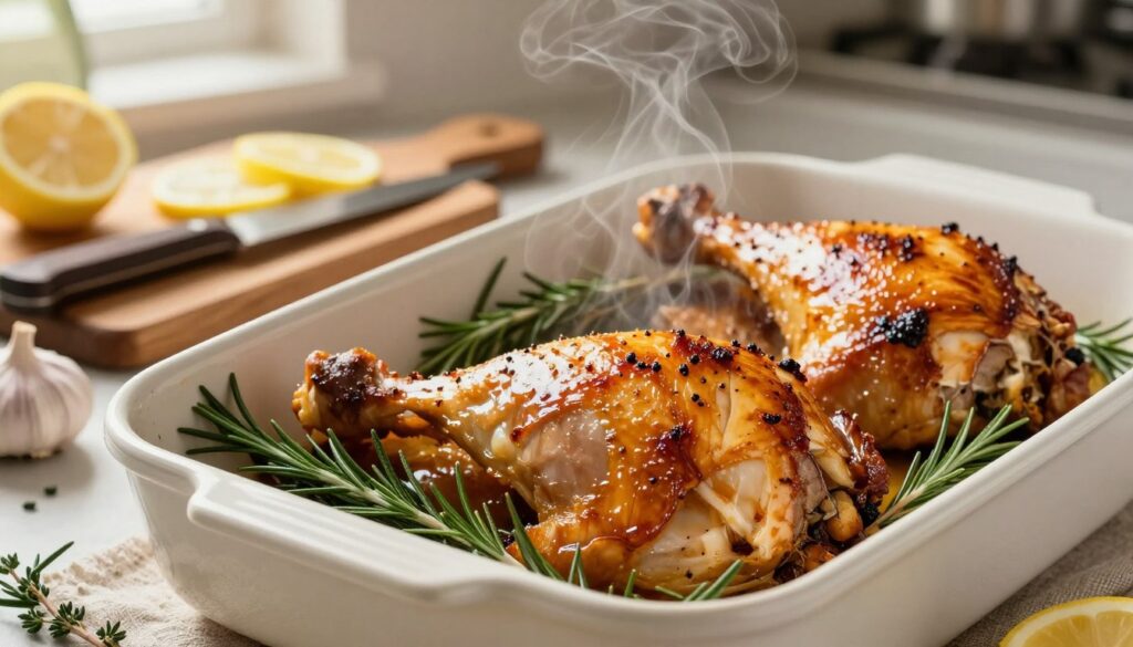 A beautifully arranged roasted chicken leg in a baking dish, glistening golden-brown with crisp skin, surrounded by fresh herbs like rosemary and thyme. The foreground features the chicken leg prominently, with steam rising to suggest it's freshly cooked and juicy. In the middle, a rustic wooden cutting board holds a knife and a few scattered cooking ingredients, such as garlic and lemon slices. The background includes a softly blurred kitchen setting with warm, inviting lighting, creating a cozy atmosphere. The composition captures the essence of optimal roasting time results, showcasing vibrant colors and textures that evoke a sense of warmth and deliciousness. The image should focus on the mouthwatering appeal of the chicken leg, without any text or logos.