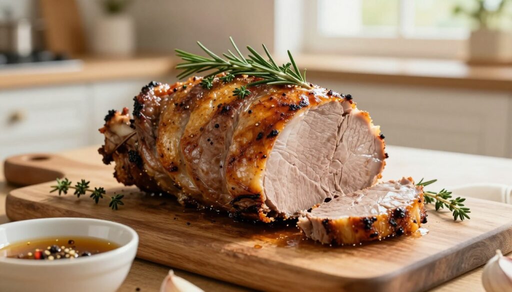 A beautifully arranged roasted pork loin in a cooking sleeve, showcasing succulent, tender meat with a golden-brown crust, garnished with fresh herbs like rosemary and thyme. The pork is placed on a rustic wooden cutting board, with a backdrop of a cozy kitchen featuring warm sunlight filtering through a window, creating a welcoming atmosphere. In the foreground, a small bowl of the marinade is visible, with spices and garlic cloves scattered around, hinting at the preparation process. The focus should be on the juicy texture of the meat, highlighting moisture and richness. Use soft, natural lighting to enhance colors, with a shallow depth of field to keep attention on the delicious roast while softly blurring the background. Aim for a warm and inviting ambiance.