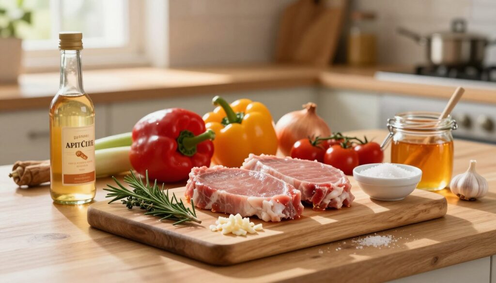 A beautifully arranged, rustic kitchen countertop displaying the best ingredients for a homemade marinade for pork chops. In the foreground, a wooden cutting board features fresh herbs like rosemary and thyme, alongside minced garlic and a bowl of coarse sea salt. A small bottle of apple cider vinegar and a jar of honey sit nearby, emphasizing the marinade's flavor profile. The middle section captures vibrant, colorful vegetables such as bell peppers, onions, and cherry tomatoes, adding freshness. The background showcases a warm, inviting kitchen atmosphere with soft sunlight filtering through a window, creating gentle shadows. The overall mood is cozy and homely, inviting viewers to experiment with flavors for their own cooking.