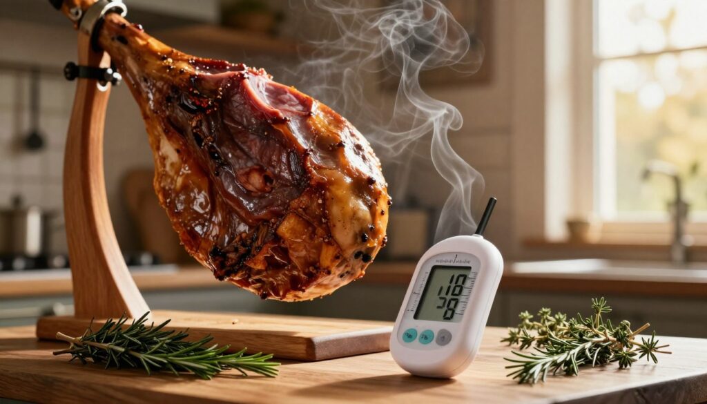 A beautifully arranged scene depicting a rustic kitchen with a smoked ham hanging from a wooden rack. In the foreground, there's a close-up of a digital thermometer, its screen displaying the ideal temperature for smoking ham, surrounded by herbs like rosemary and thyme. The middle ground features the ham vividly glistening, its rich, dark exterior contrasted by smokey flavors wafting in the air. In the background, soft golden sunlight streams through a window, creating a warm and inviting atmosphere with hints of smoke curling upwards. The overall mood is cozy and appetizing, capturing the art of smoking ham at the perfect temperature for optimal flavor. A beautifully arranged scene depicting a rustic kitchen with a smoked ham hanging from a wooden rack. In the foreground, there's a close-up of a digital thermometer, its screen displaying the ideal temperature for smoking ham, surrounded by herbs like rosemary and thyme. The middle ground features the ham vividly glistening, its rich, dark exterior contrasted by smokey flavors wafting in the air. In the background, soft golden sunlight streams through a window, creating a warm and inviting atmosphere with hints of smoke curling upwards. The overall mood is cozy and appetizing, capturing the art of smoking ham at the perfect temperature for optimal flavor.