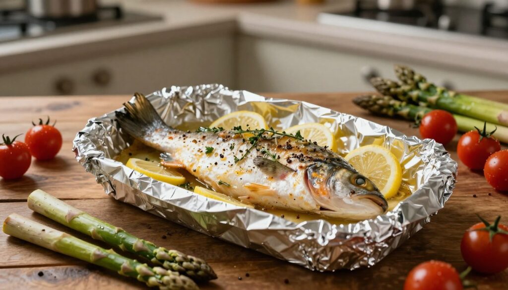 A beautifully arranged scene depicting a whole fish being baked in aluminum foil on a rustic wooden table. The fish is seasoned with aromatic herbs and lemon slices, glistening under soft, warm lighting. Surrounding the fish are fresh vegetables, such as asparagus and cherry tomatoes, creating an inviting atmosphere. In the background, a blurred kitchen countertop hints at cooking utensils and spices, enhancing the focus on the fish. The scene is captured from a slightly elevated angle, emphasizing the texture of the foil and the vibrant colors of the ingredients. A warm, homey ambiance pervades the image, inviting viewers to appreciate the method of cooking fish in foil, showcasing the contrasts between covered and uncovered baking.