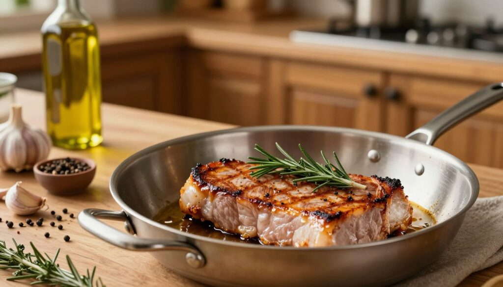 A beautifully arranged scene depicting the technique of searing pork loin before placing it in the oven. In the foreground, a stainless steel skillet with golden-brown seared pork loin, glistening with savory juices, garnished with fresh herbs like rosemary and thyme. The middle ground features a rustic kitchen counter adorned with various spices, garlic cloves, and a bottle of olive oil. The background is softly blurred, showcasing an inviting, warm kitchen environment with wooden cabinets and warm lighting. The atmosphere is cozy and homey, evoking a sense of culinary expertise. Capture this moment from a slightly elevated angle, emphasizing the vibrant colors and textures of the ingredients, ensuring a mouthwatering presentation that highlights the art of cooking.