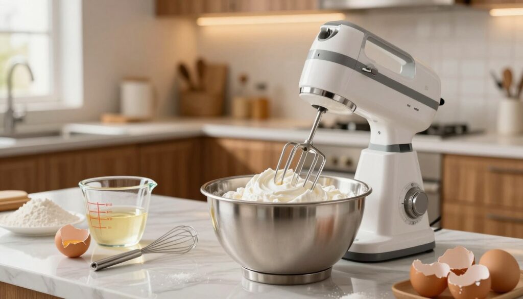 A beautifully arranged scene depicting the technique of whipping egg whites in a modern kitchen. In the foreground, a stainless steel mixing bowl with fluffy, whipped egg whites and a high-quality electric mixer. A transparent glass measuring cup with crystal clear vanilla extract and a whisk are nearby. In the middle ground, a marble countertop adorned with eggshells and baking ingredients like flour and sugar. The background features warm, ambient lighting that highlights the kitchen’s wooden cabinets and a window letting in soft sunlight. The atmosphere feels inviting and professional, perfect for showcasing baking techniques. A sense of action is captured, illustrating the process of combining ingredients seamlessly. A beautifully arranged scene depicting the technique of whipping egg whites in a modern kitchen. In the foreground, a stainless steel mixing bowl with fluffy, whipped egg whites and a high-quality electric mixer. A transparent glass measuring cup with crystal clear vanilla extract and a whisk are nearby. In the middle ground, a marble countertop adorned with eggshells and baking ingredients like flour and sugar. The background features warm, ambient lighting that highlights the kitchen’s wooden cabinets and a window letting in soft sunlight. The atmosphere feels inviting and professional, perfect for showcasing baking techniques. A sense of action is captured, illustrating the process of combining ingredients seamlessly.
