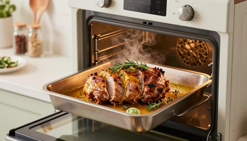 A beautifully arranged scene featuring a succulent pork tenderloin being roasted in a modern oven. In the foreground, showcase the tenderloin marinated in a rich, golden-hued marinade, garnished with fresh herbs like rosemary and thyme. The tenderloin glistens under warm, ambient lighting, highlighting its juicy texture. In the middle ground, include an oven with the door slightly ajar, revealing the mouthwatering roast inside, sending enticing aromas into the air. The background should feature a well-lit, stylish kitchen setting, with soft-focus elements like spices and utensils arranged neatly. The overall mood is inviting and homely, evoking a sense of warmth and comfort, perfect for a culinary delight.