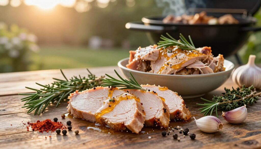 A beautifully arranged scene featuring marinated turkey pieces placed in a bowl, surrounded by an array of vibrant herbs and spices. In the foreground, succulent turkey slices glistening with a honey-garlic marinade, garnished with fresh rosemary and thyme sprigs. The middle ground showcases a rustic wooden table with scattered spices such as paprika, black pepper, and garlic cloves, creating an inviting cooking atmosphere. In the background, a softly blurred outdoor grill setup under the warm glow of golden hour lighting, enhancing the mood of a cozy, summer cooking experience. The angle captures both the delicious marinade and the essence of preparing a flavorful meal. The overall ambiance is warm, aromatic, and appetizing.