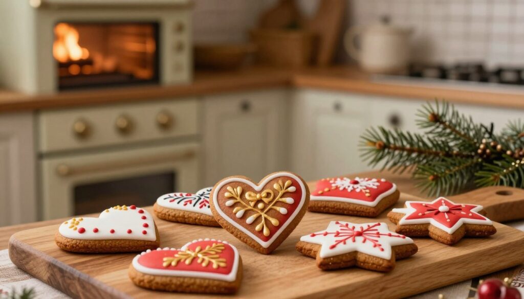A beautifully arranged scene featuring traditional Polish pierniczki (gingerbread cookies), freshly baked and decorated. In the foreground, several heart-shaped and star-shaped pierniczki are artistically placed on a wooden cutting board, showcasing intricate icing designs in warm colors of red, white, and gold. In the middle, a vintage kitchen backdrop with soft-focus elements includes a rustic oven with a gentle glow emanating from it, hinting at the warmth necessary for perfect baking. In the background, a sprig of evergreen adds a seasonal touch, and warm ambient lighting creates a cozy, inviting atmosphere. The overall mood conveys the delight of baking and the warmth of the holiday season, emphasizing the deliciousness and appeal of these treats.