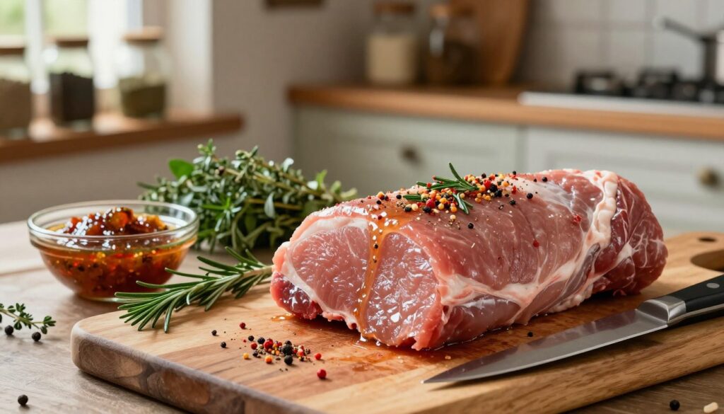 A beautifully arranged scene focusing on the selection and preparation of pork tenderloin. In the foreground, showcase a cutting board with a thick, well-marinated pork tenderloin, glistening with spices and herbs in vibrant colors. A sharp knife rests beside it, partially cutting through the meat, emphasizing freshness. In the middle ground, include a variety of fresh herbs like rosemary and thyme, and a small bowl of marinade, showcasing its rich, savory texture. The background features a rustic kitchen setting, with wooden shelves holding jars of spices and a warm, inviting atmosphere created by soft, natural light coming from a nearby window. The image captures a sense of careful preparation and culinary artistry, inviting viewers to appreciate the art of cooking.