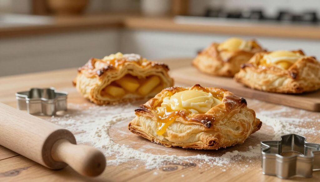 A beautifully arranged scene of a golden, flaky "kruche ciasto" (shortcrust pastry) on a rustic wooden table. The pastry is perfectly baked, with a lightly browned, crispy crust that showcases its buttery texture. In the foreground, a rolling pin and scattered flour hint at the baking process, while a set of delicate pastry cutters lies nearby. In the middle, a slice of the ciasto reveals its rich, layered filling, perhaps with fruit or a creamy custard. The background features a cozy kitchen setting with soft, warm lighting, highlighting the freshly baked pastries and creating a welcoming atmosphere. Use a shallow depth of field to emphasize the ciasto while softly blurring the edges, evoking a sense of warmth and comfort in the baking environment.