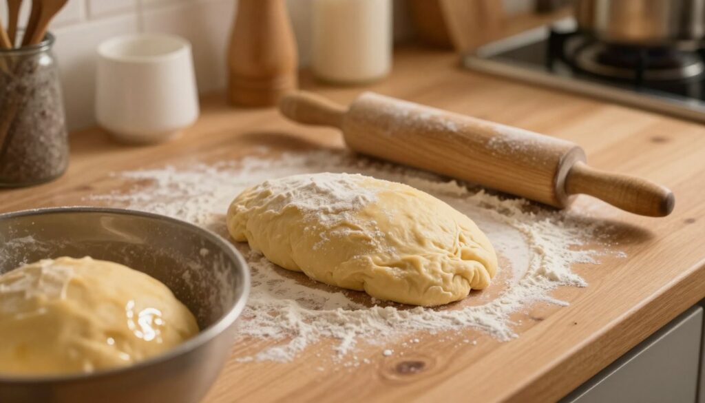 A beautifully arranged scene of freshly prepared yeast dough on a wooden kitchen counter, showcasing a slightly sticky and elastic texture, with flour dusting the surface. In the foreground, a mixing bowl filled with golden-brown dough, glistening under warm, ambient light. In the middle, a rolling pin and a dusting of flour, illustrating the process of rolling out the dough. In the background, soft-focused kitchen utensils and warm tones from a cozy, inviting kitchen environment. The lighting is soft, creating a gentle warmth that enhances the dough's golden hue. The overall mood is homey and comforting, emphasizing the care and skill involved in preparing yeast dough, essential for perfect pastries.