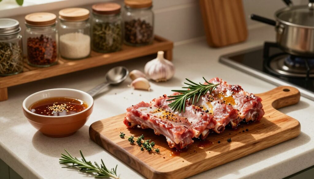 A beautifully arranged scene of preparing pork ribs in a rustic kitchen. In the foreground, a wooden cutting board holds seasoned ribs, garnished with fresh herbs like rosemary and thyme. A bowl of marinade sits nearby, rich with spices and glistening under soft, warm kitchen lighting. In the middle ground, the kitchen counter features measuring spoons and a small pile of garlic cloves, emphasizing the detailed preparation process. The background includes a wooden shelf lined with jars of spices and utensils, creating an inviting, homely atmosphere. The lighting is warm and soft, casting gentle shadows to enhance the textures of the food. Capture this setup from a slightly elevated angle for an overhead perspective, evoking a sense of culinary warmth and comfort.