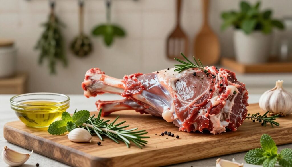 A beautifully arranged scene showcasing a fresh lamb marinade, filled with aromatic herbs and spices ideal for young meat. In the foreground, a wooden cutting board is adorned with vibrant sprigs of rosemary, thyme, and mint, along with garlic cloves and a small bowl of olive oil glistening under soft, warm kitchen lighting. In the middle ground, a marinated lamb leg is elegantly presented, showcasing its rich colors and textures, accented by scattered spices. The background reveals a softly blurred kitchen setting, with herbs hanging from hooks and rustic utensils, enhancing the cozy cooking atmosphere. The image captures the essence of culinary artistry, inviting viewers to appreciate the importance of a proper marinade in achieving flavorful lamb dishes.